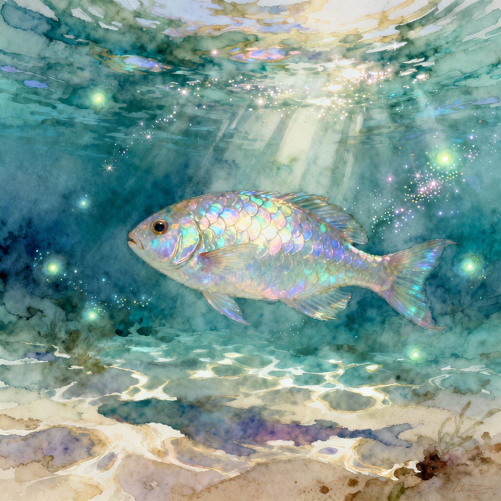 Iridescent Splerbish Fish in Shimmering Watercolor