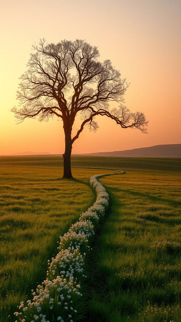 Solitary Tree at Dawn in Impressionist Style