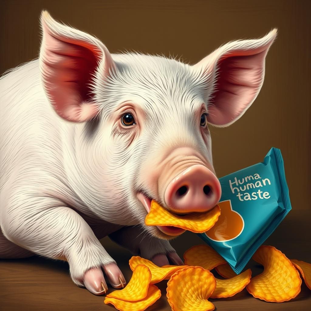A pig eating from a chips packet labeld "Human Taste"