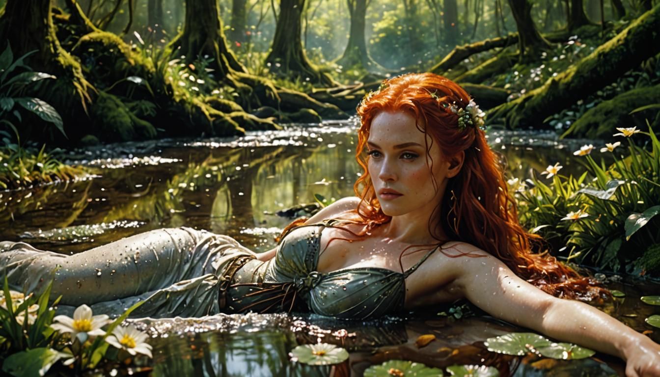 Redhead in Forest Stream, Luis Royo Style