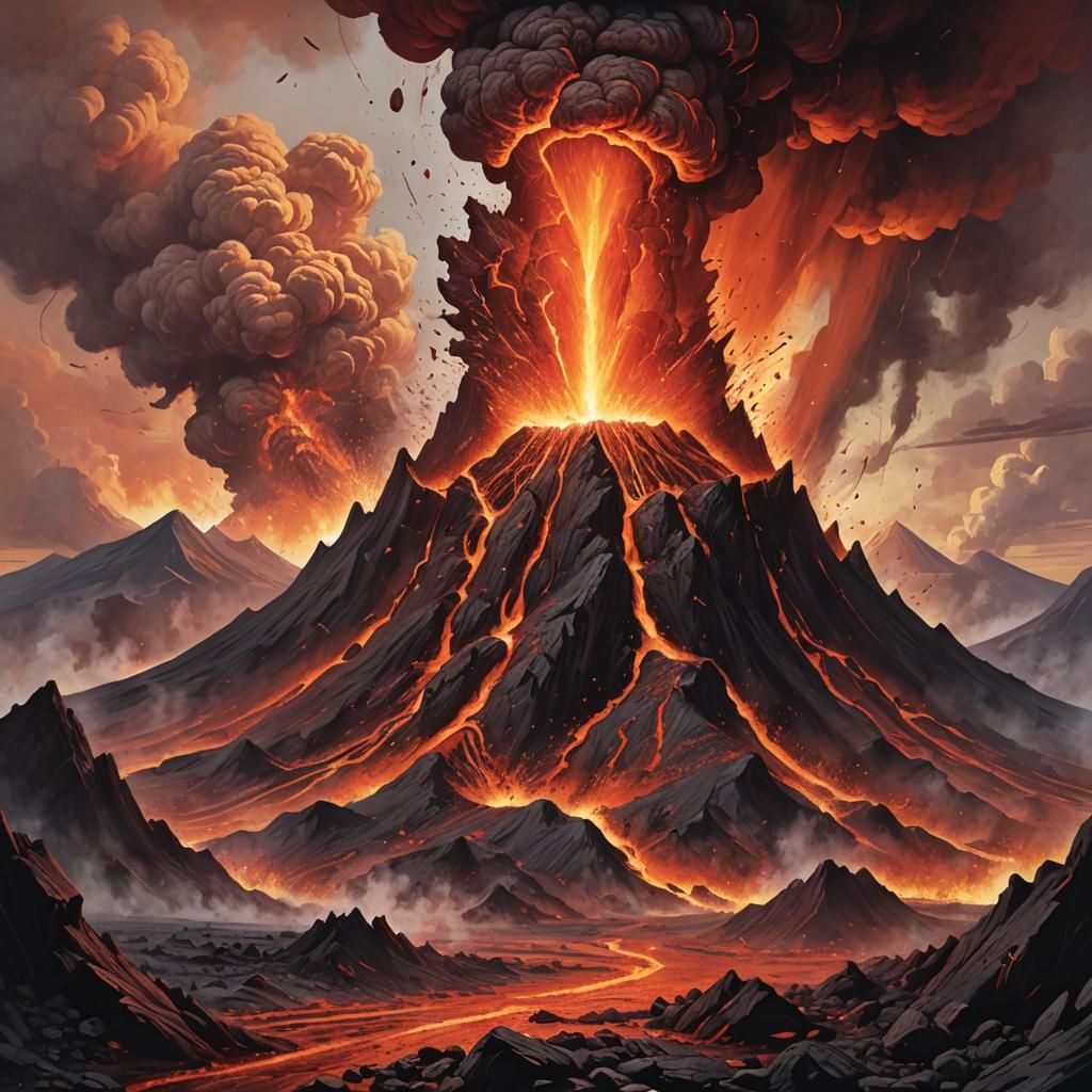 Dramatic Volcano Eruption Illustration in a Fiery Style