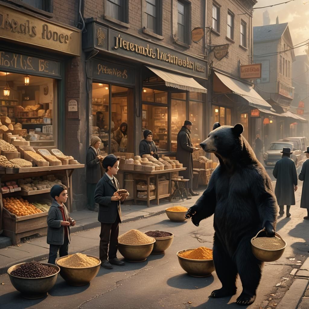 דב שחור בגיל 8 עומד ברחוב ליד החנות עם צלוחיות קטנות עם ארבעס =גרגירי חומוס קטנים מבושלים ומחלק לשלשה נערים יהודיים אחד ...