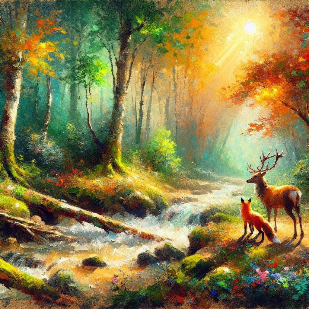 Deer and Fox Encounter in Impressionist Forest Painting