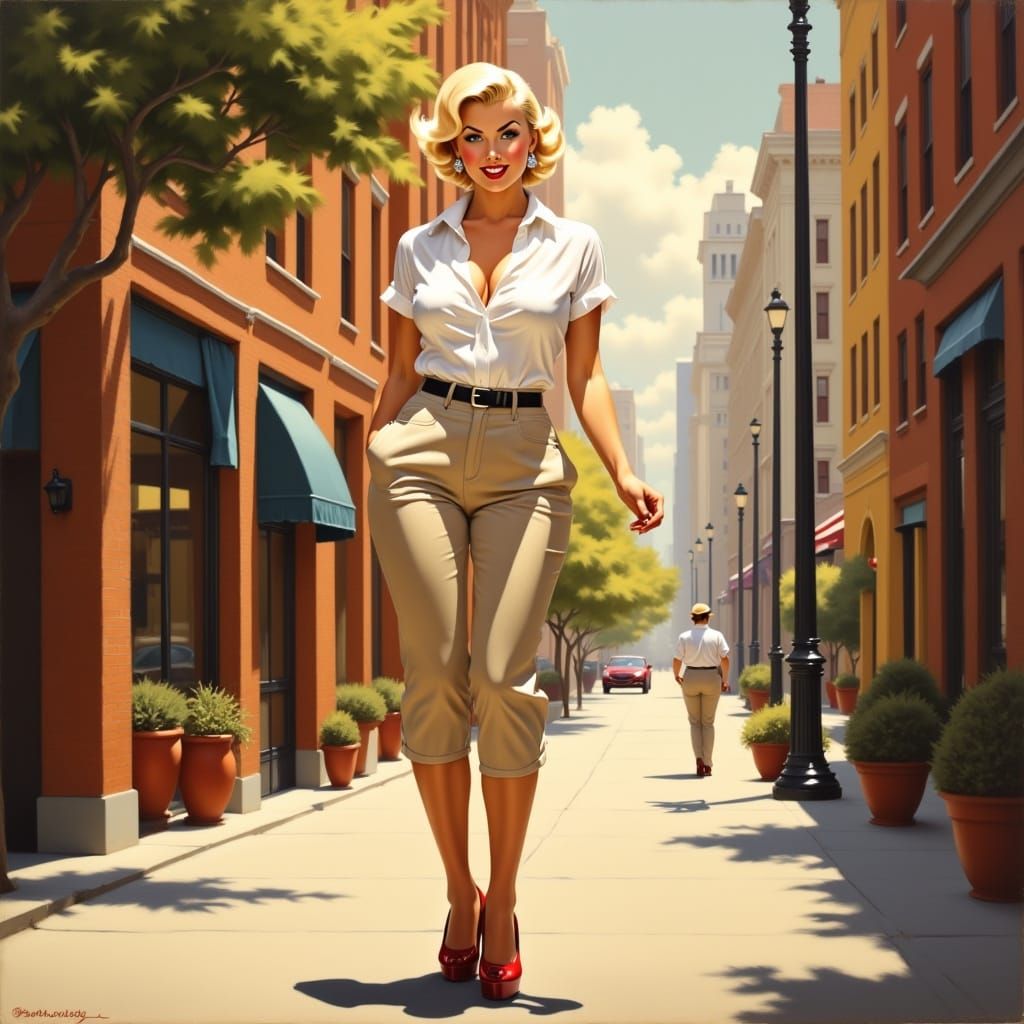 Confident Pin-Up Beauty Struts Down City Street in Impressio...