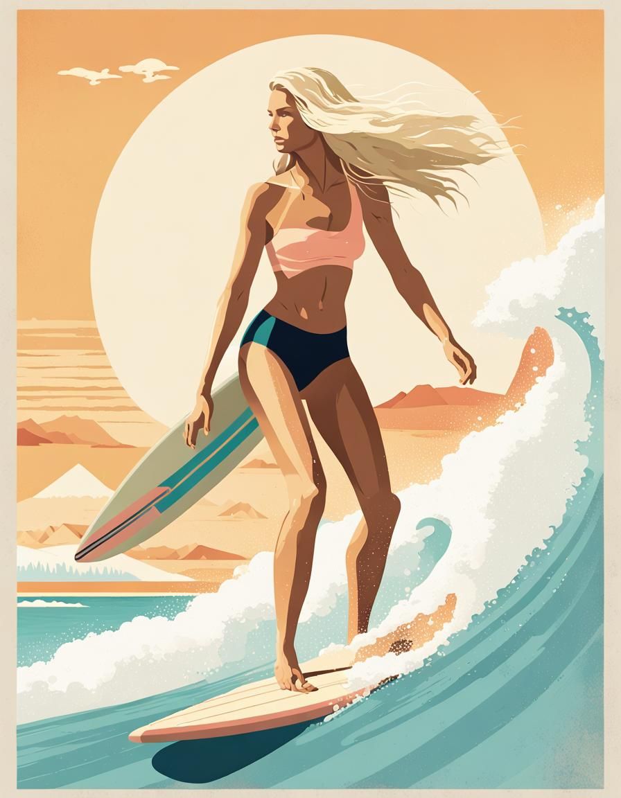 Flat-Style Travel Poster of Blond Surfer Girl