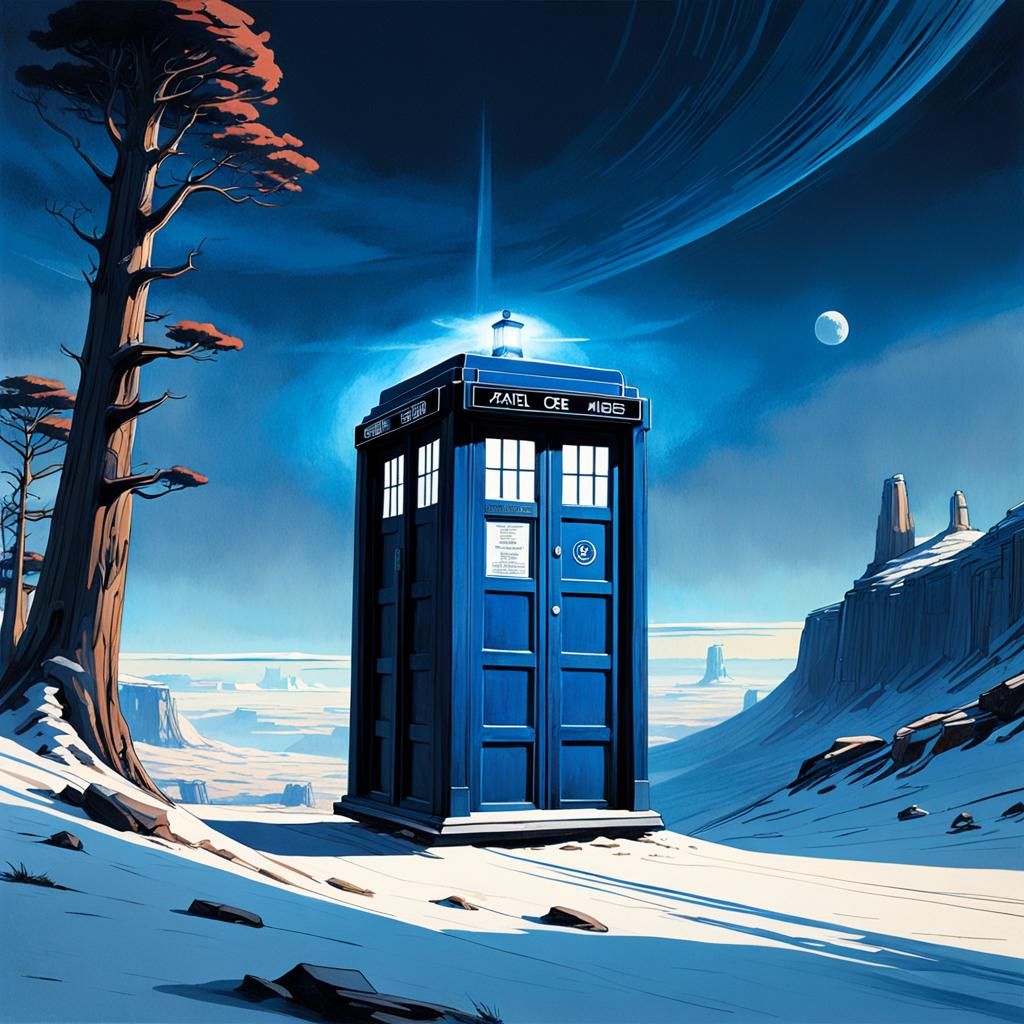 Tardis Flying Low Over Earth in Futuristic Style