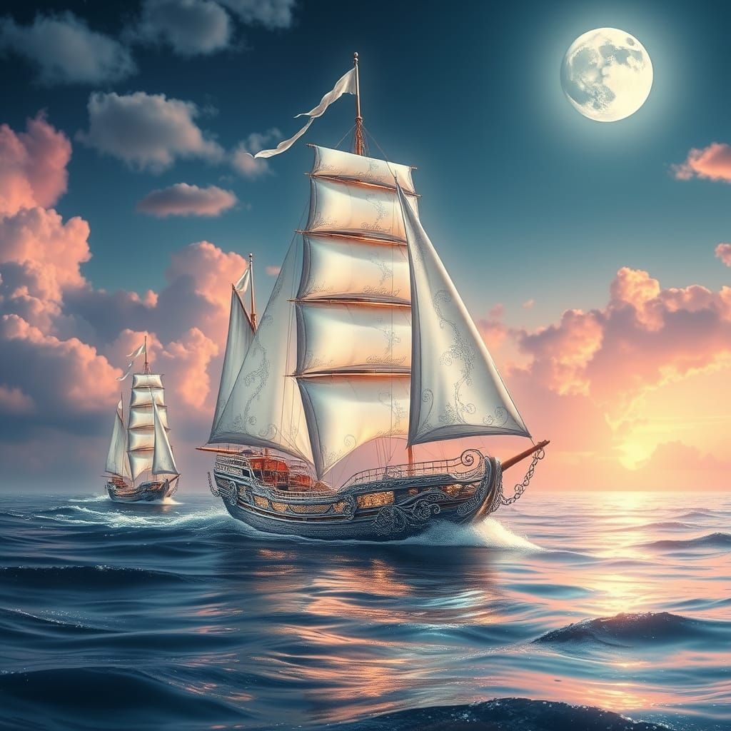 Celestial Silver Sailing Ships in Anime Style