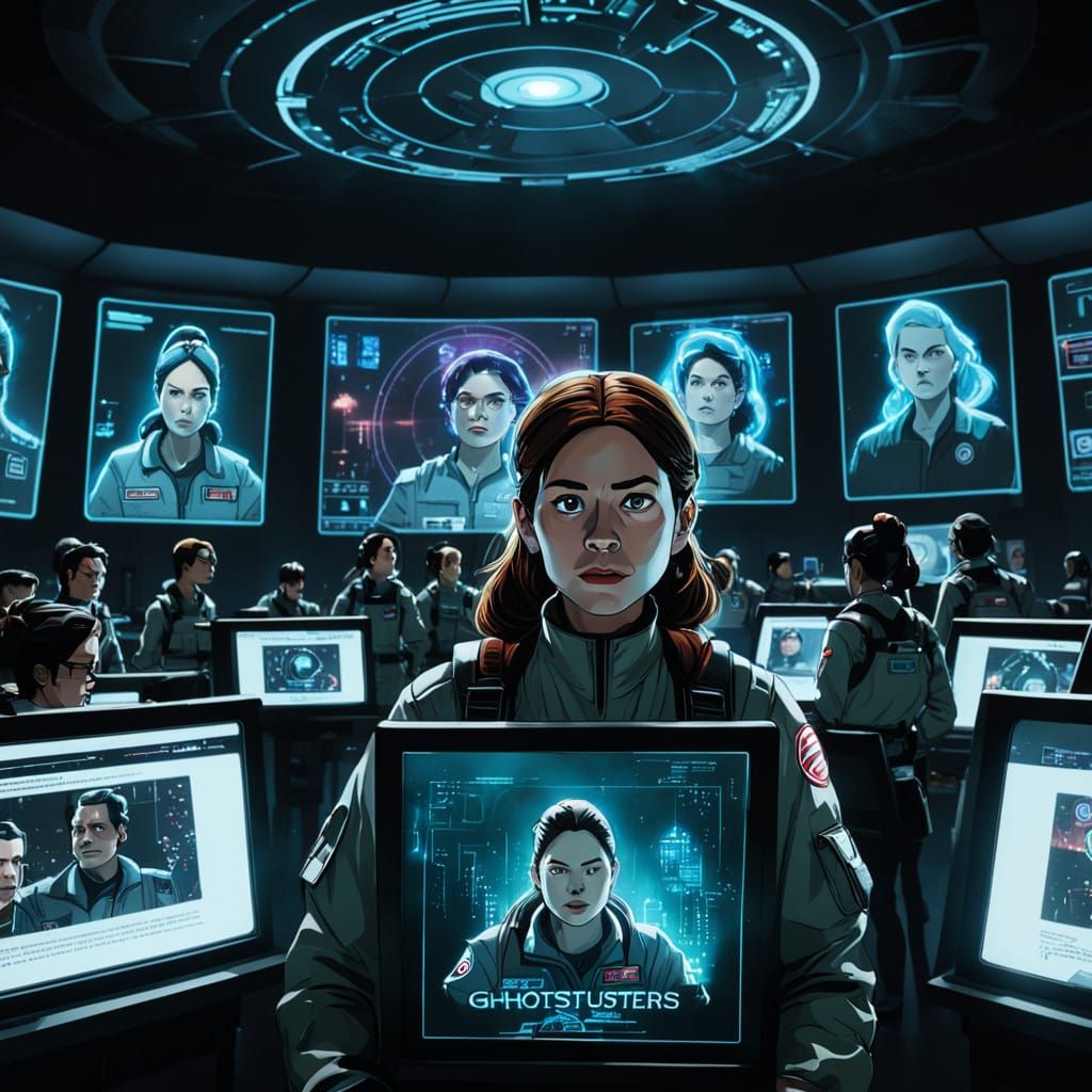 Determined Juno Analyzes Neo in Cyberpunk Command Center