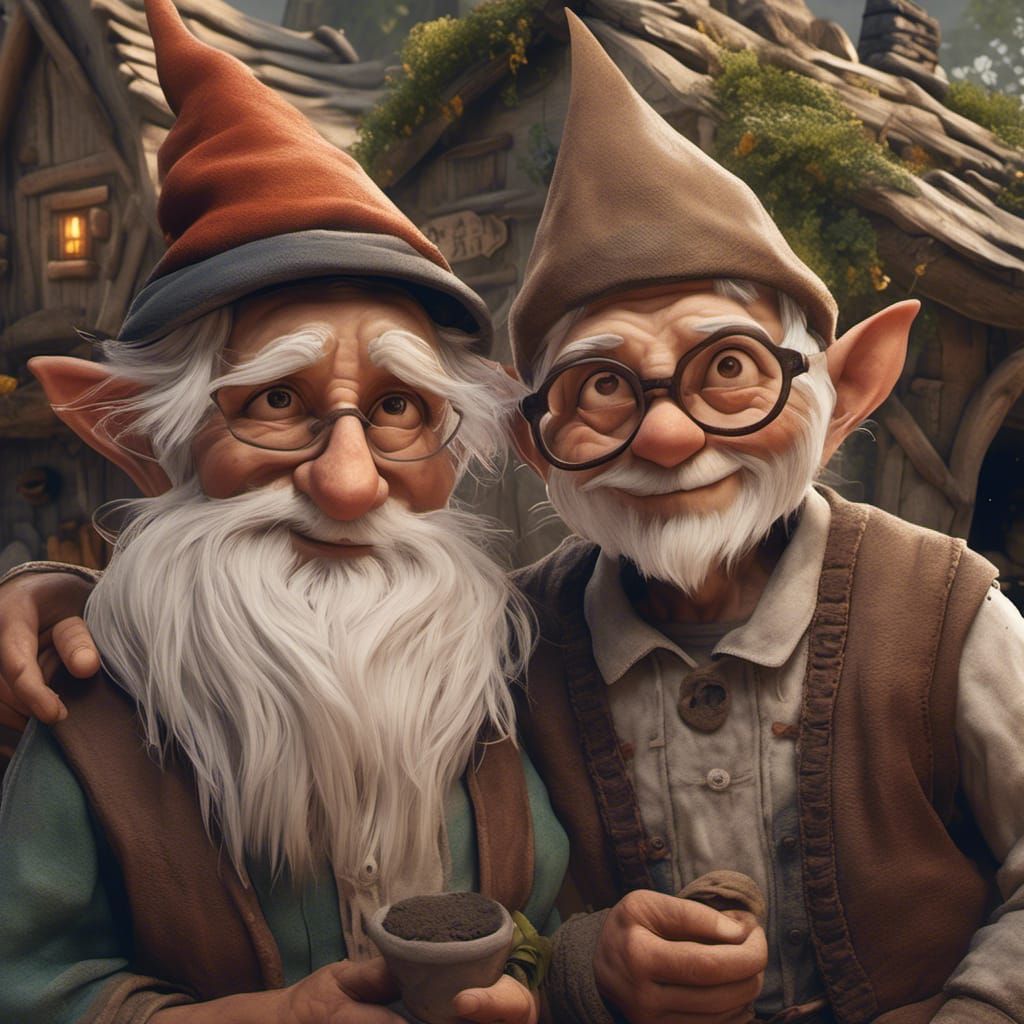Hyperrealistic Old Gnome Couple in a Village