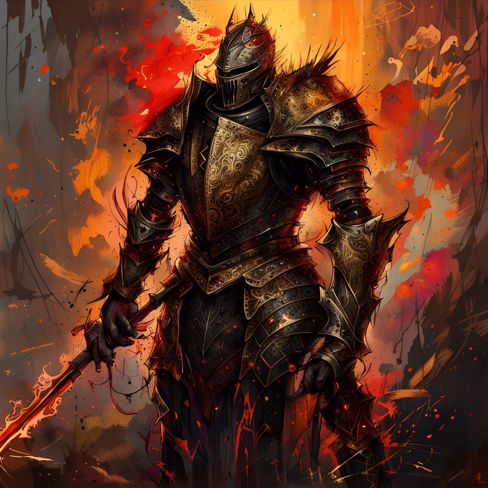 Terrifying Knight with Fire Background in Dark Fantasy Style