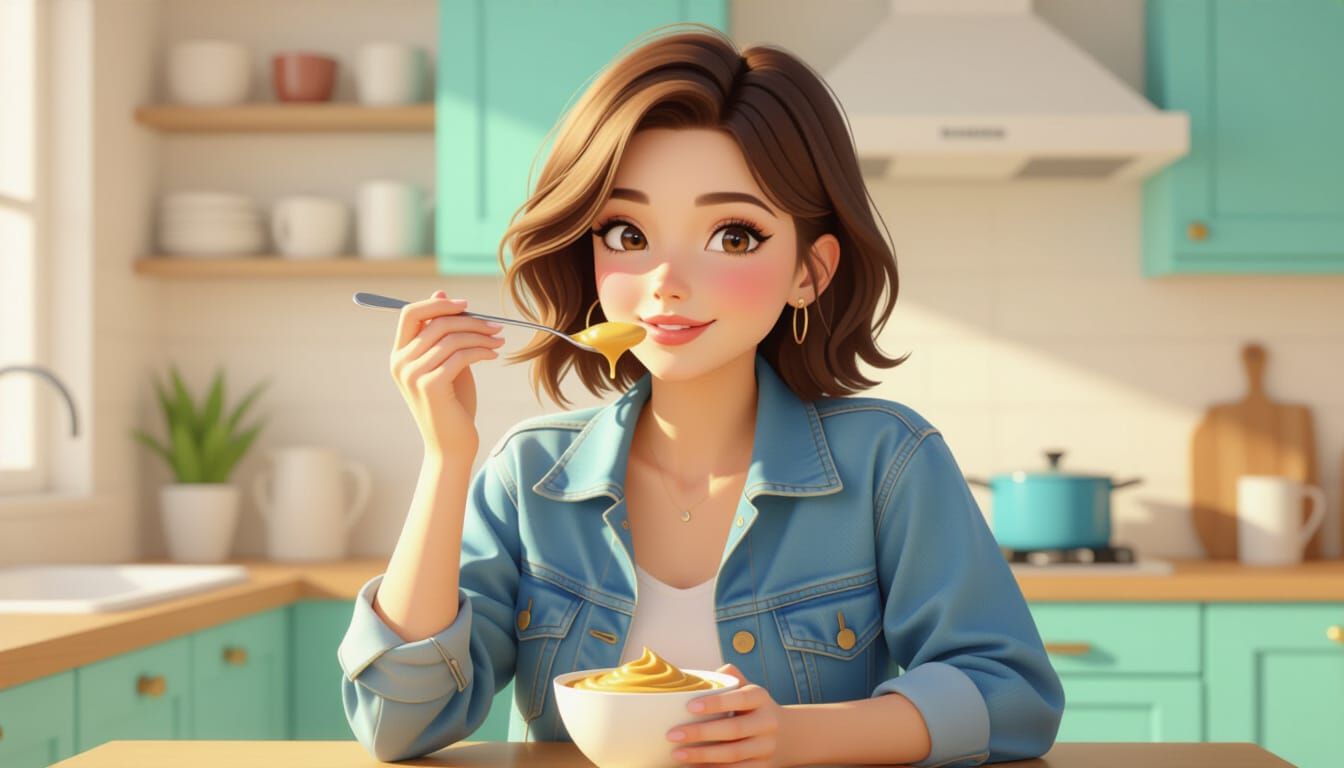 Brunette Woman Enjoys Peanut Butter: 3D Anime Art