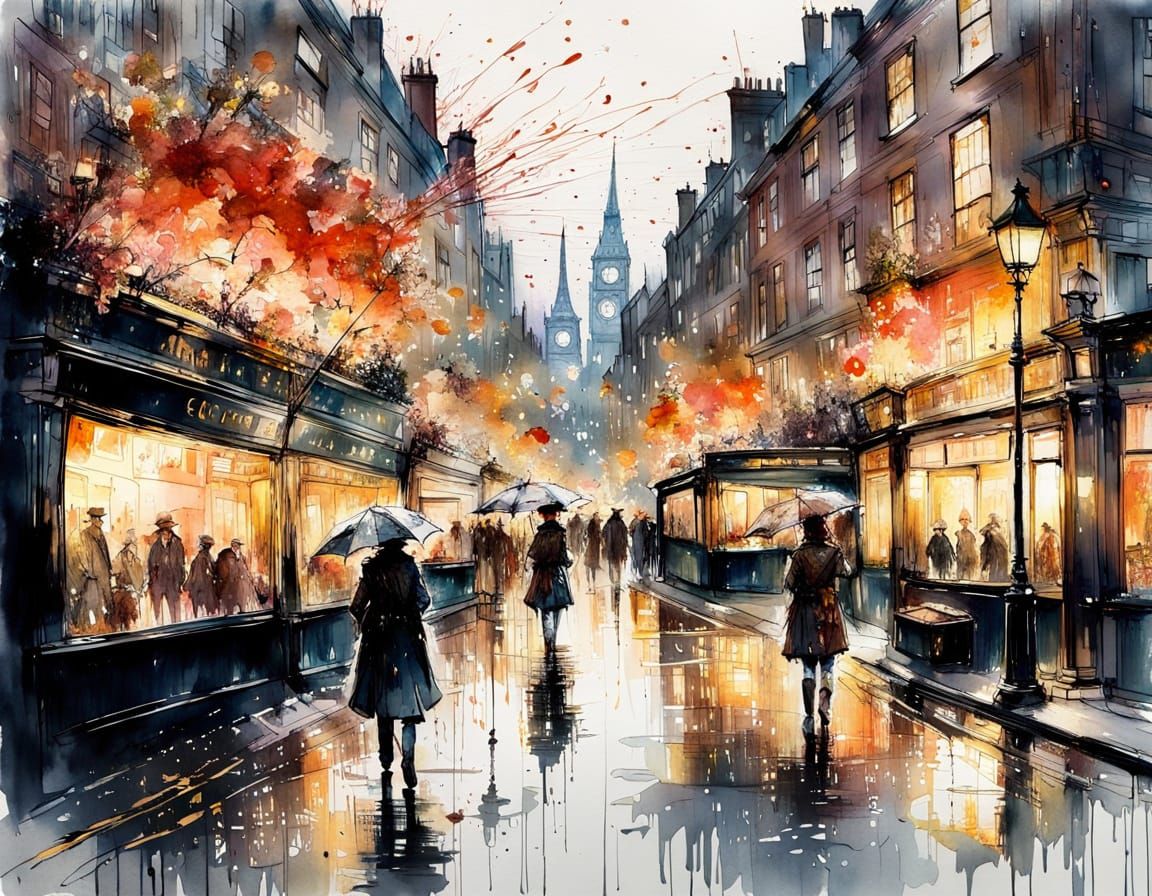 Dramatic Watercolor of Victorian London in Vibrant Copper an...
