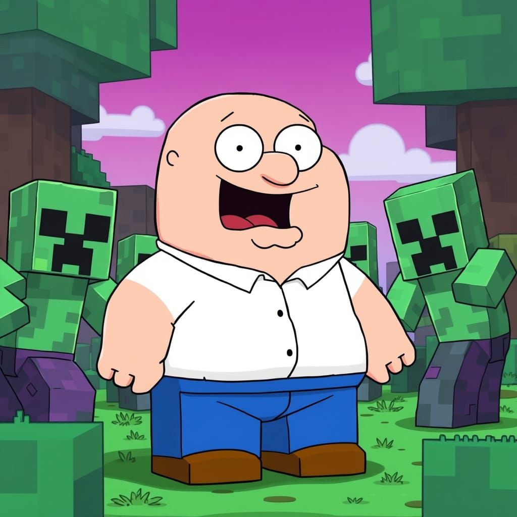 Peter Griffin in Minecraft, Pixelated Digital Art