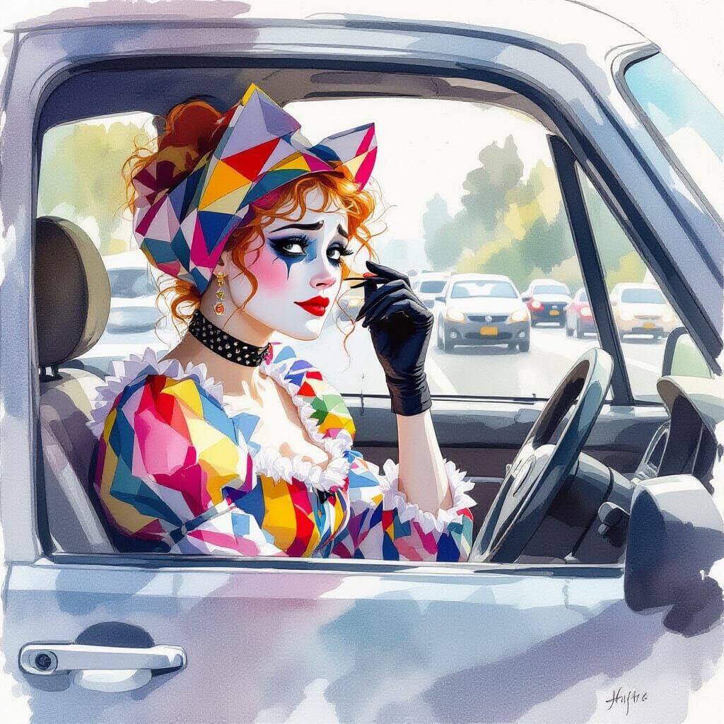 Melancholy Harlequin Reapplying Makeup in Watercolor Style