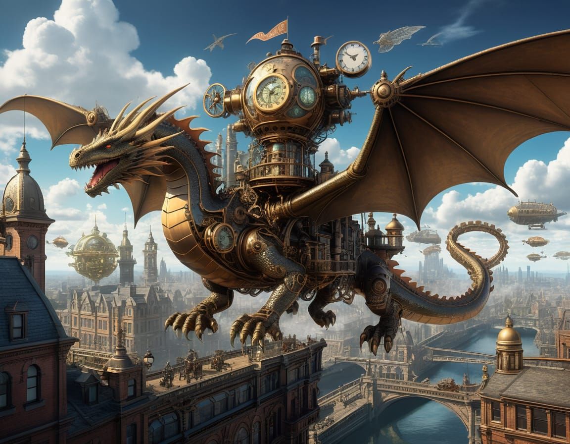 Steampunk Clockwork Dragon Soaring Over Metropolis