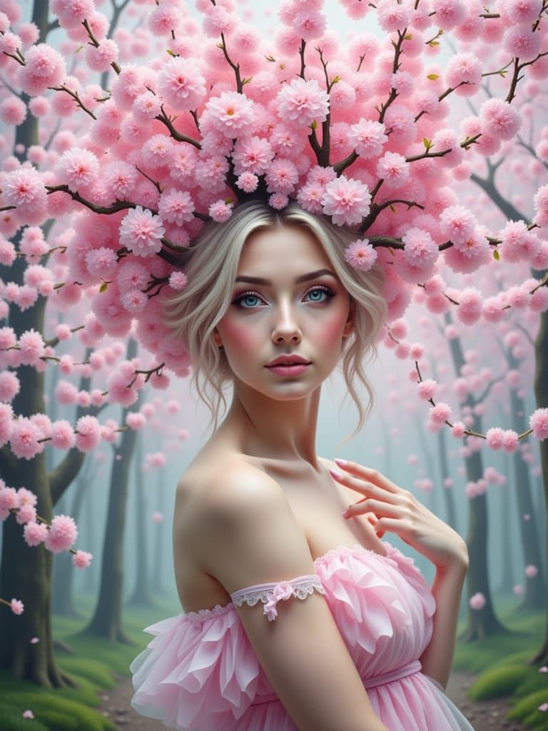 Woman Transforms Into Cherry Blossom Tree in Forest