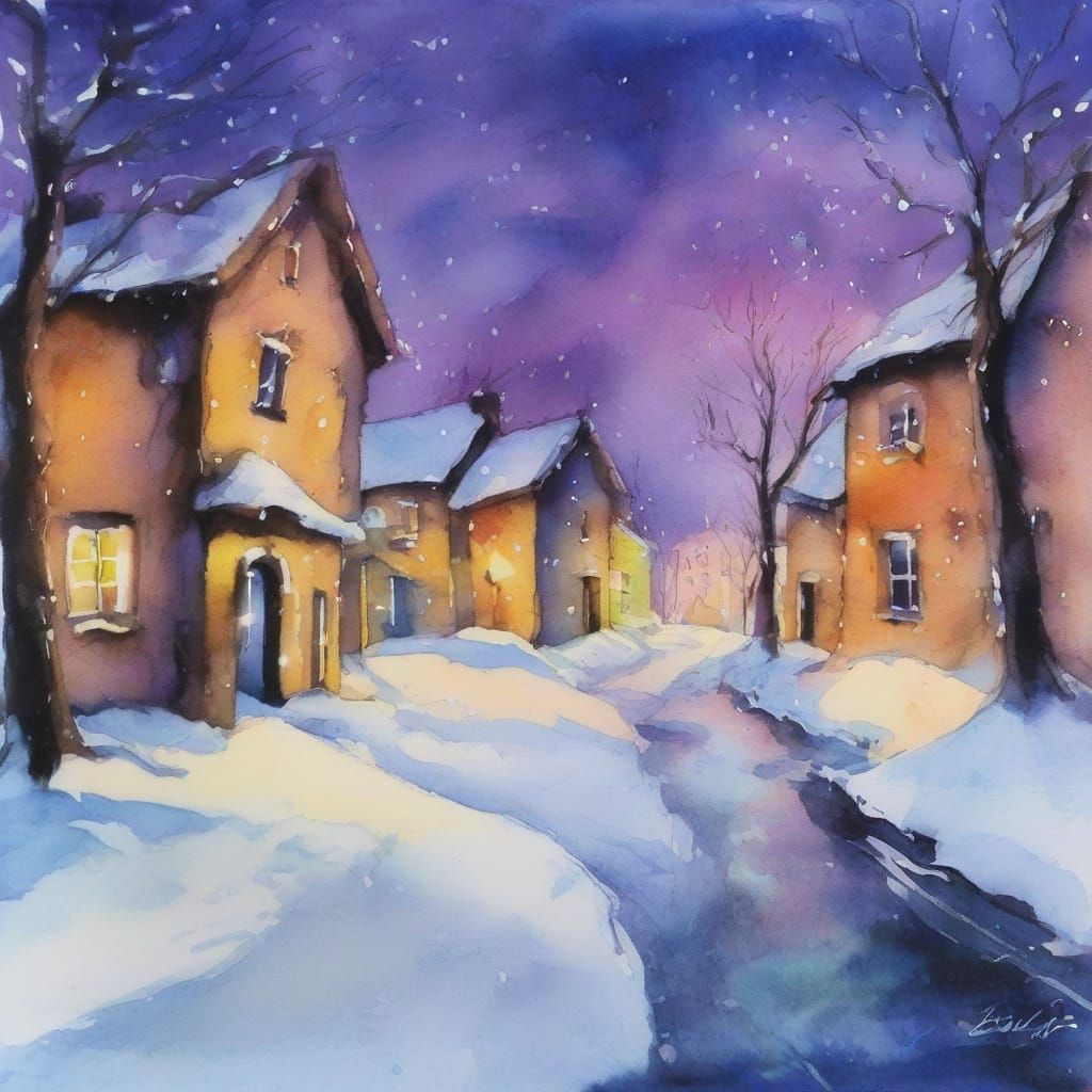 Snowy Ancient Village in Watercolour Ink