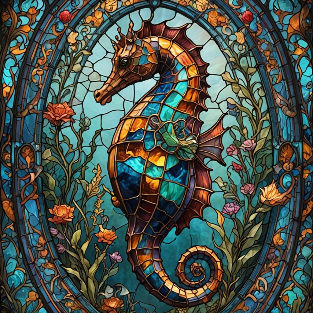 Stained Glass Seahorse: Detailed Fantasy Art