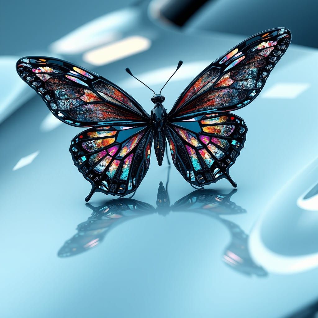 Surreal Cyberpunk Butterfly Perches on Futuristic Car