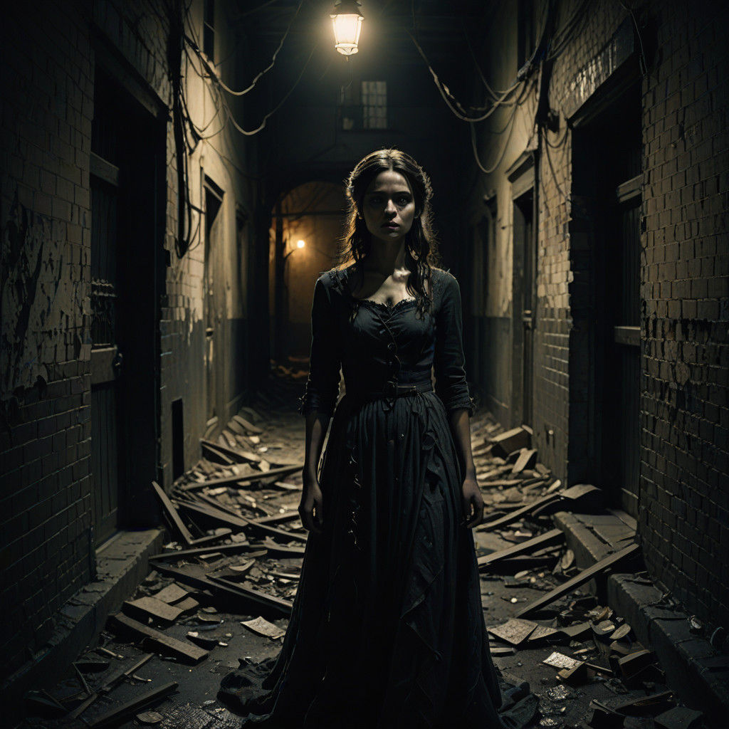 Mysterious Woman in Abandoned Alleyway, in Dark Surrealist S...