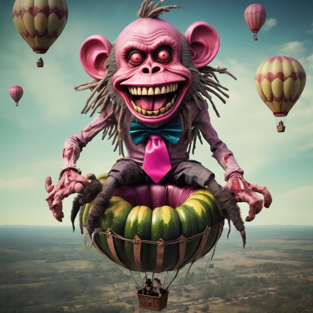 Zombie Monkey Clown in Surreal Hot Air Balloon