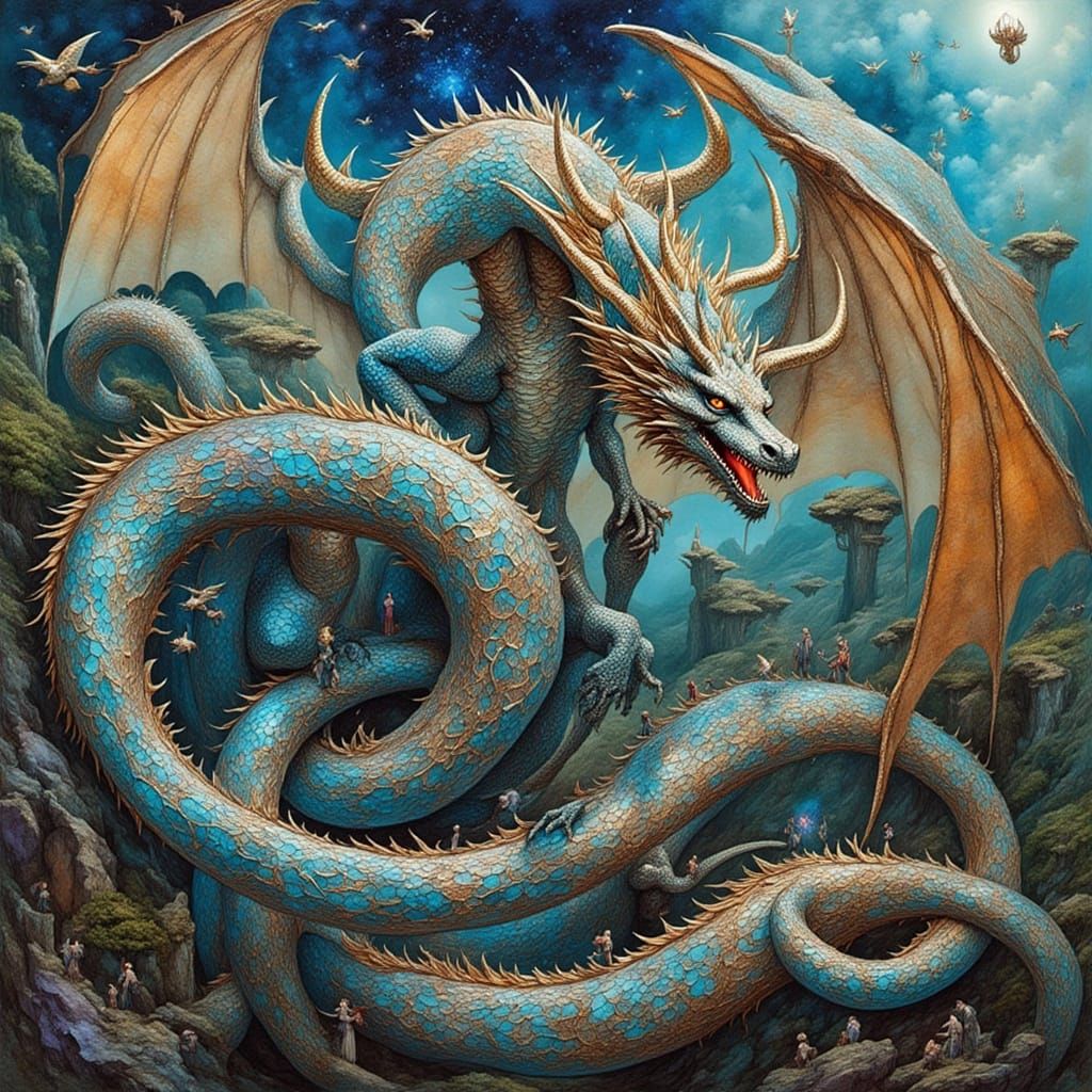 Colossal Dragon Spirals Around Mobius Strip