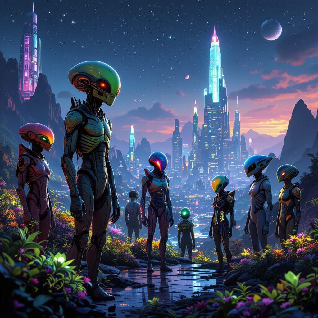 Futuristic Alien Cityscape with Diverse Creatures