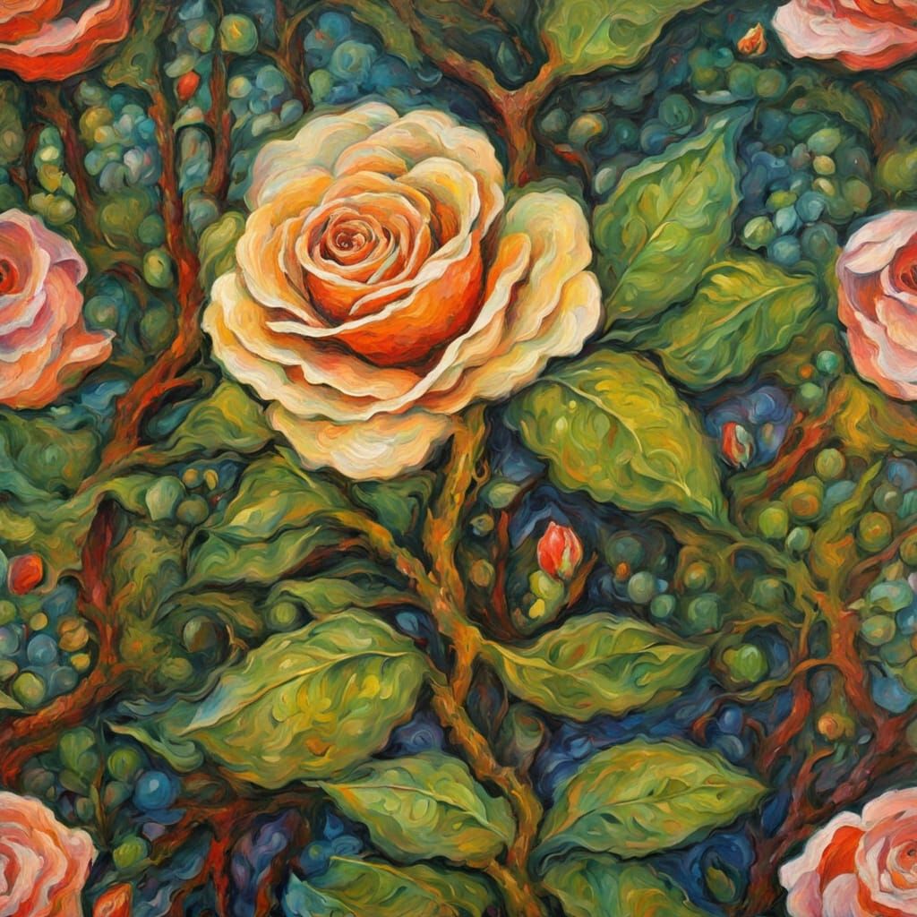 Majestic Rose in Sunlit Forest, Art Nouveau Style