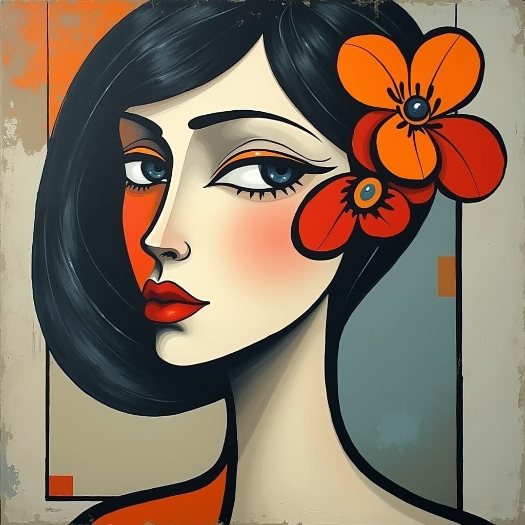 Abstract Cubist Portrait in Gray, Blue, and Beige with Vibra...