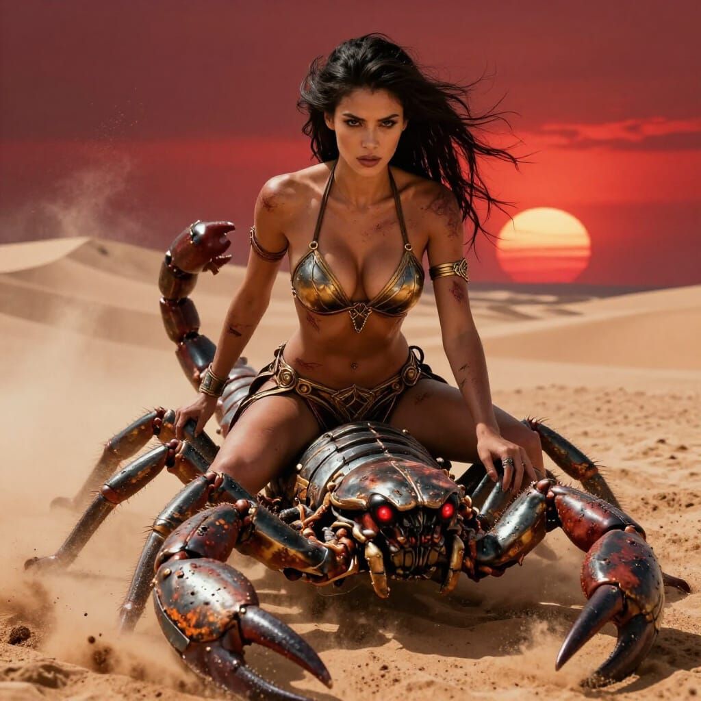 Warrior Woman on Biomechanical Scorpion in Desert Sunset