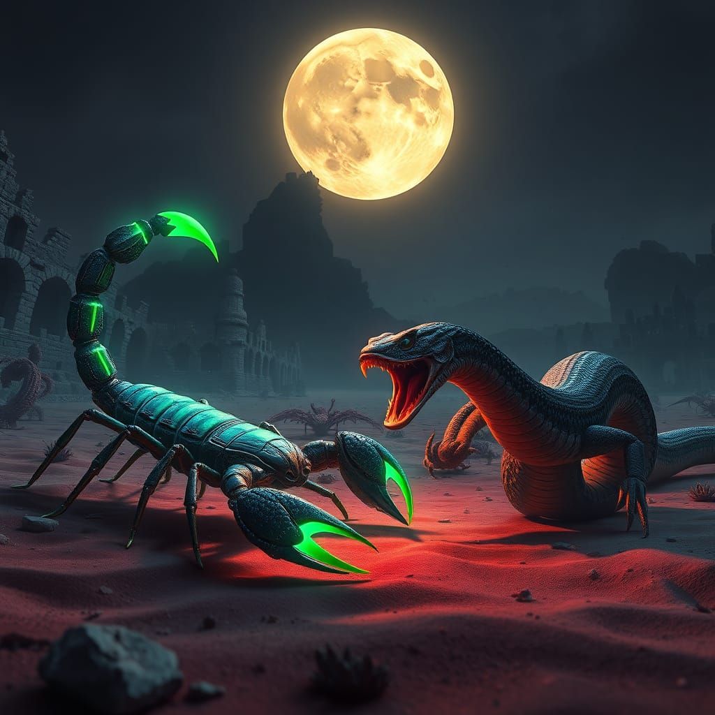 Bioluminescent Scorpion vs Rattlesnake: Futuristic Desert Ba...