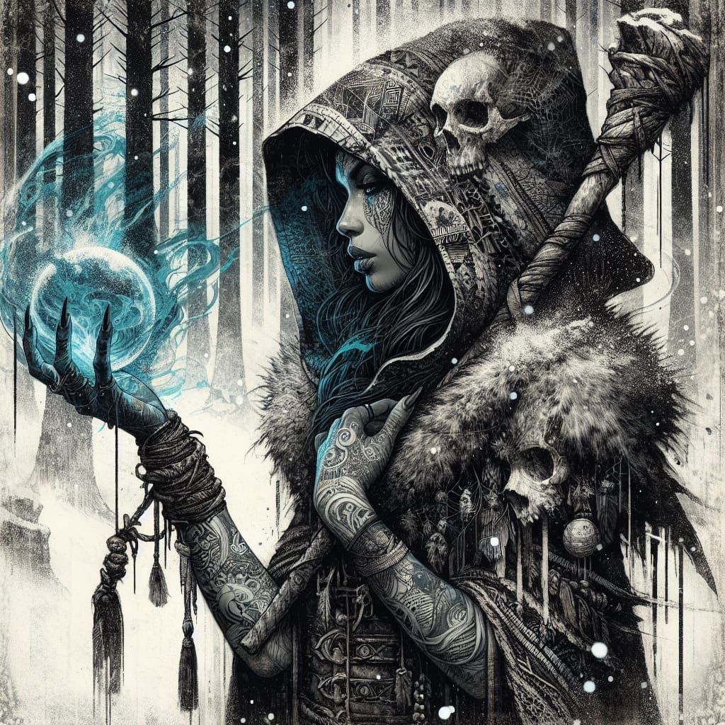 Dark Urbanpunk Shaman in a Haunting Forest