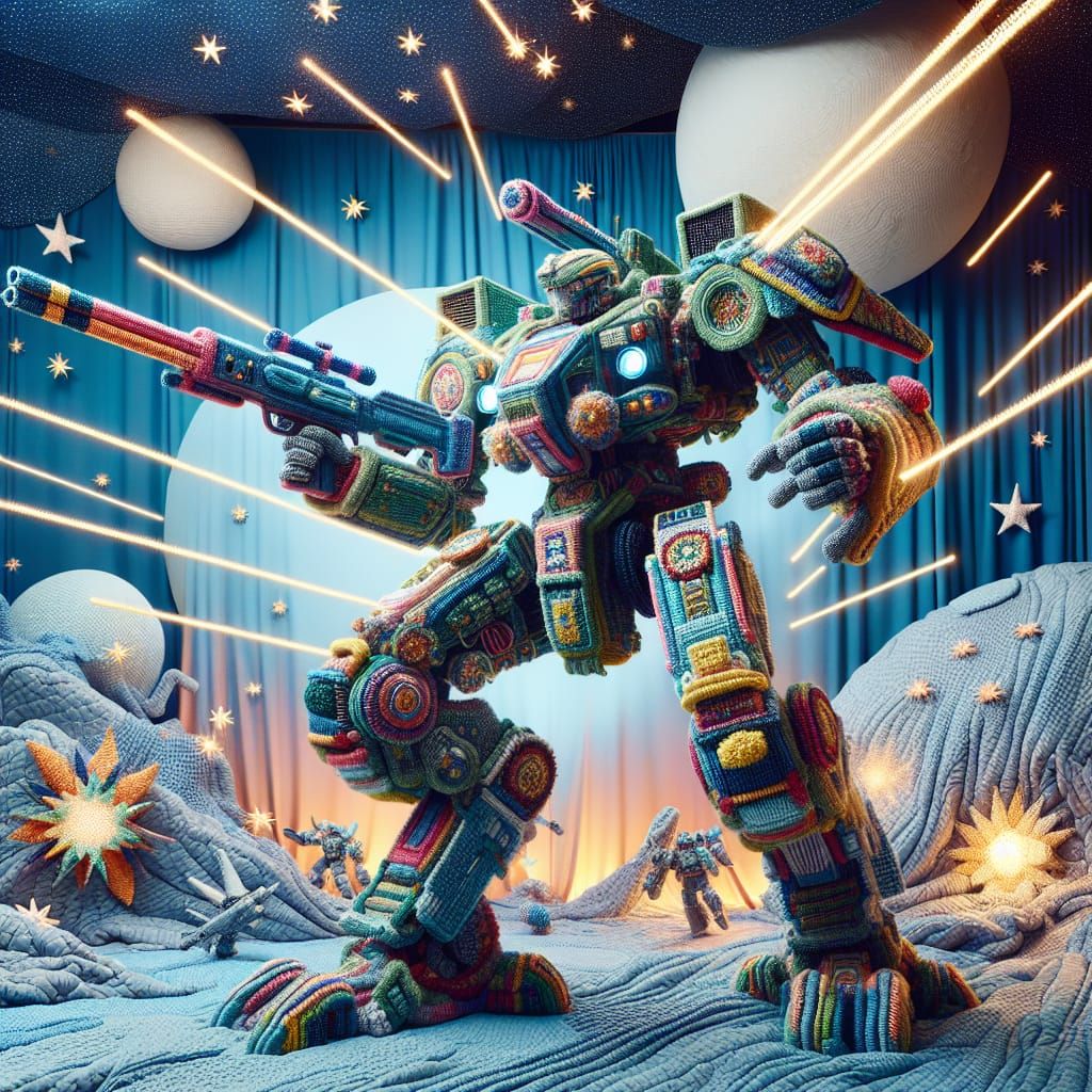 Futuristic Crochet Battle Mech in Hyperspace