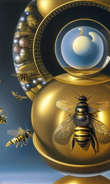 Golden and Silver Bee Flying Through Glass Sphere