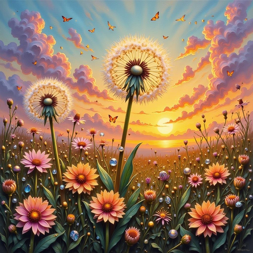 Beaded Dandelion at Sunset: Mixed Media Collage Art