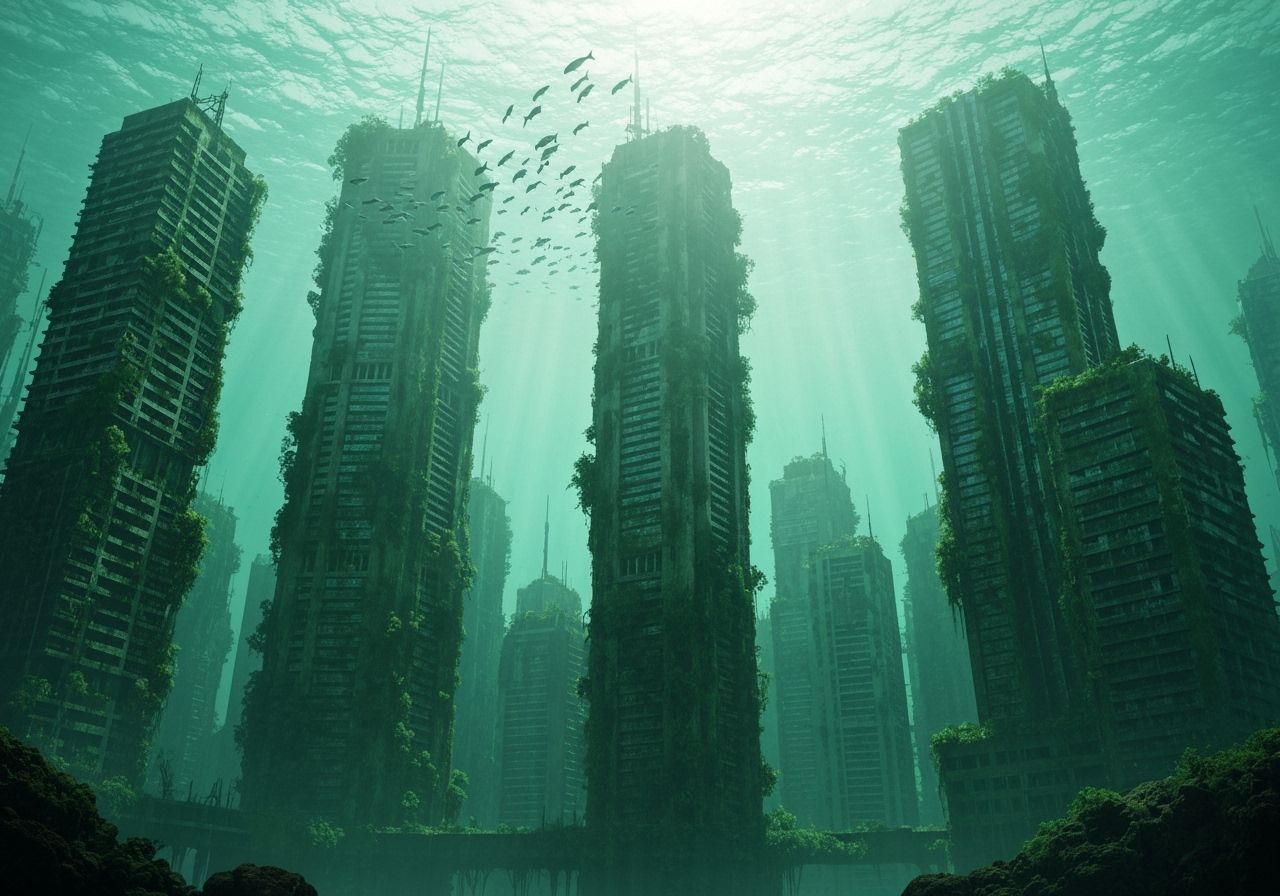 Underwater Futuristic Cityscape with Greenery and Fish