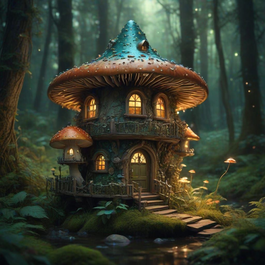 Whimsical Fairy Mushroom House in Vibrant Bioluminescent For...