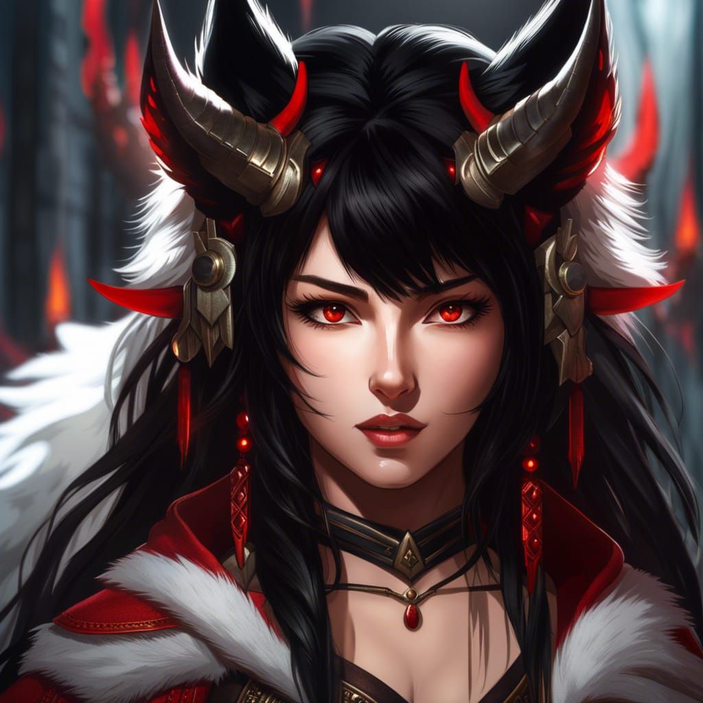 Photorealistic Wolf-Girl Warrior with Oni Horns