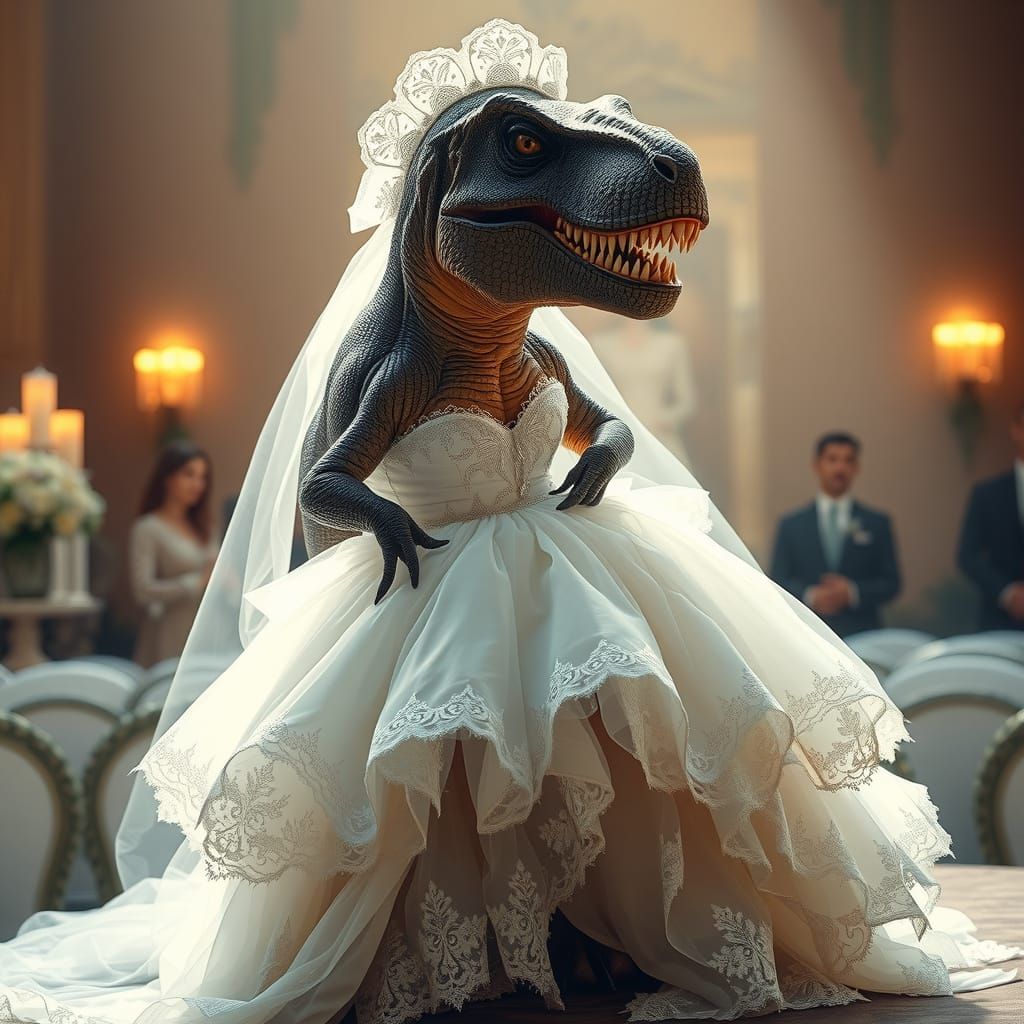 Tyrannosaurus Bride in Exquisite White Wedding Gown