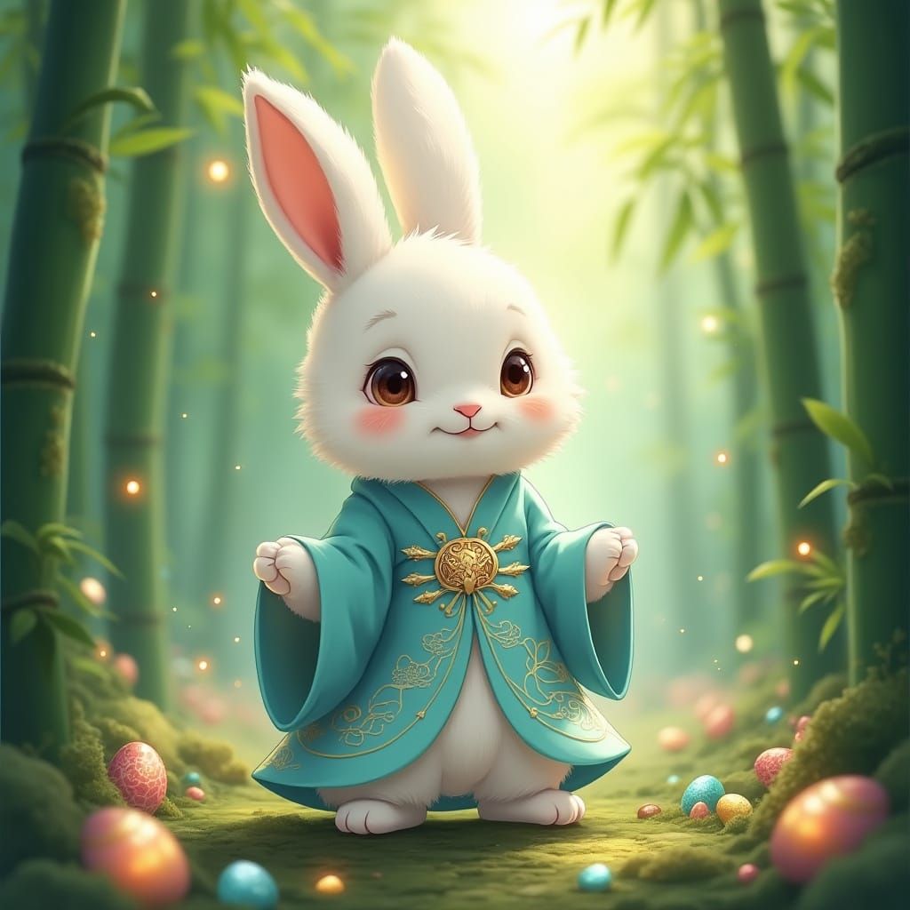 Anime-Style Chinese Easter Bunny in Serene Bamboo Garden