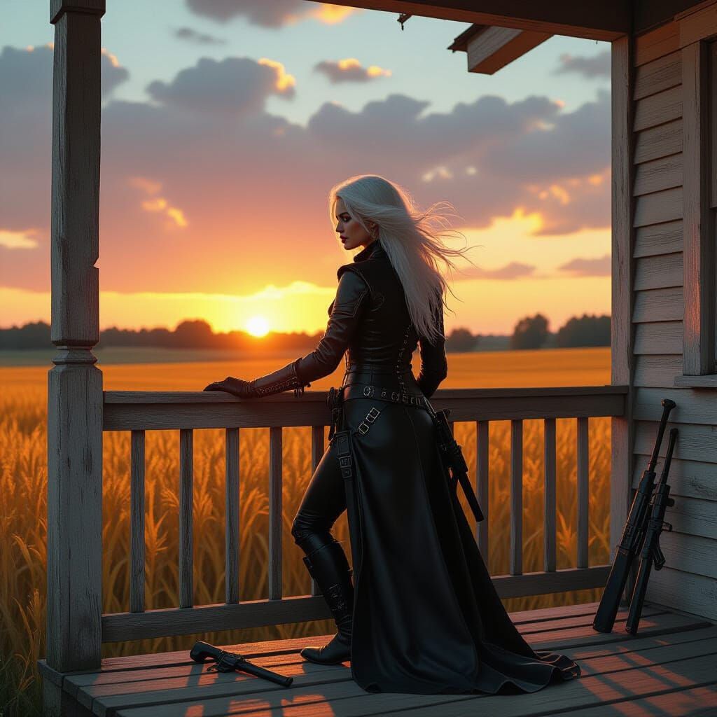 Eerie Farmhouse Sunset: Dystopian Rural Landscape