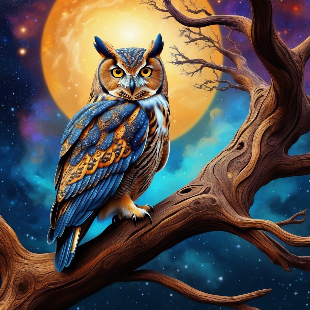 Majestic Owl in Cosmic Nebula, Art Nouveau Style
