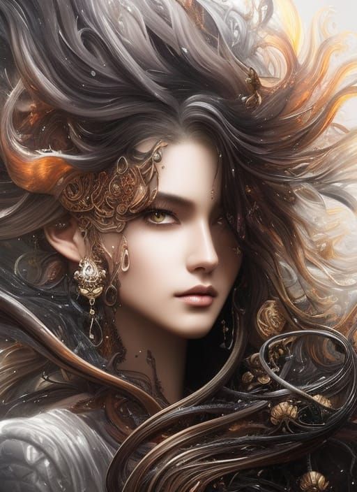 Intricate Cat Fantasy Art in Amber and Gunmetal