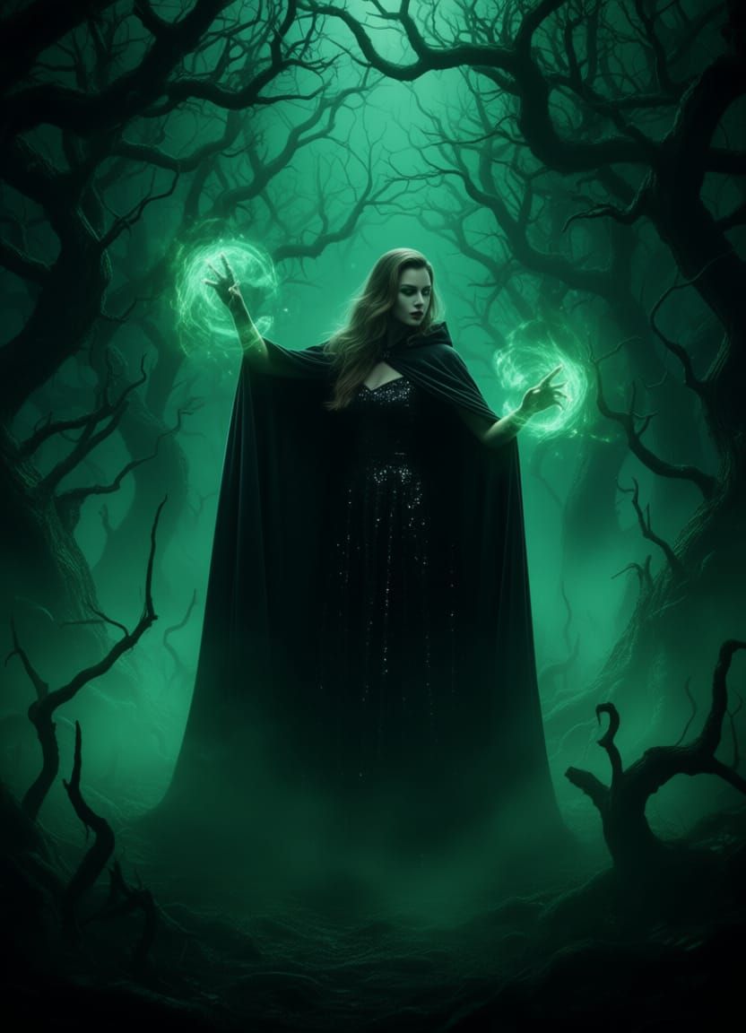 dark fantasy concept art. medium shot. A witch performs dark...