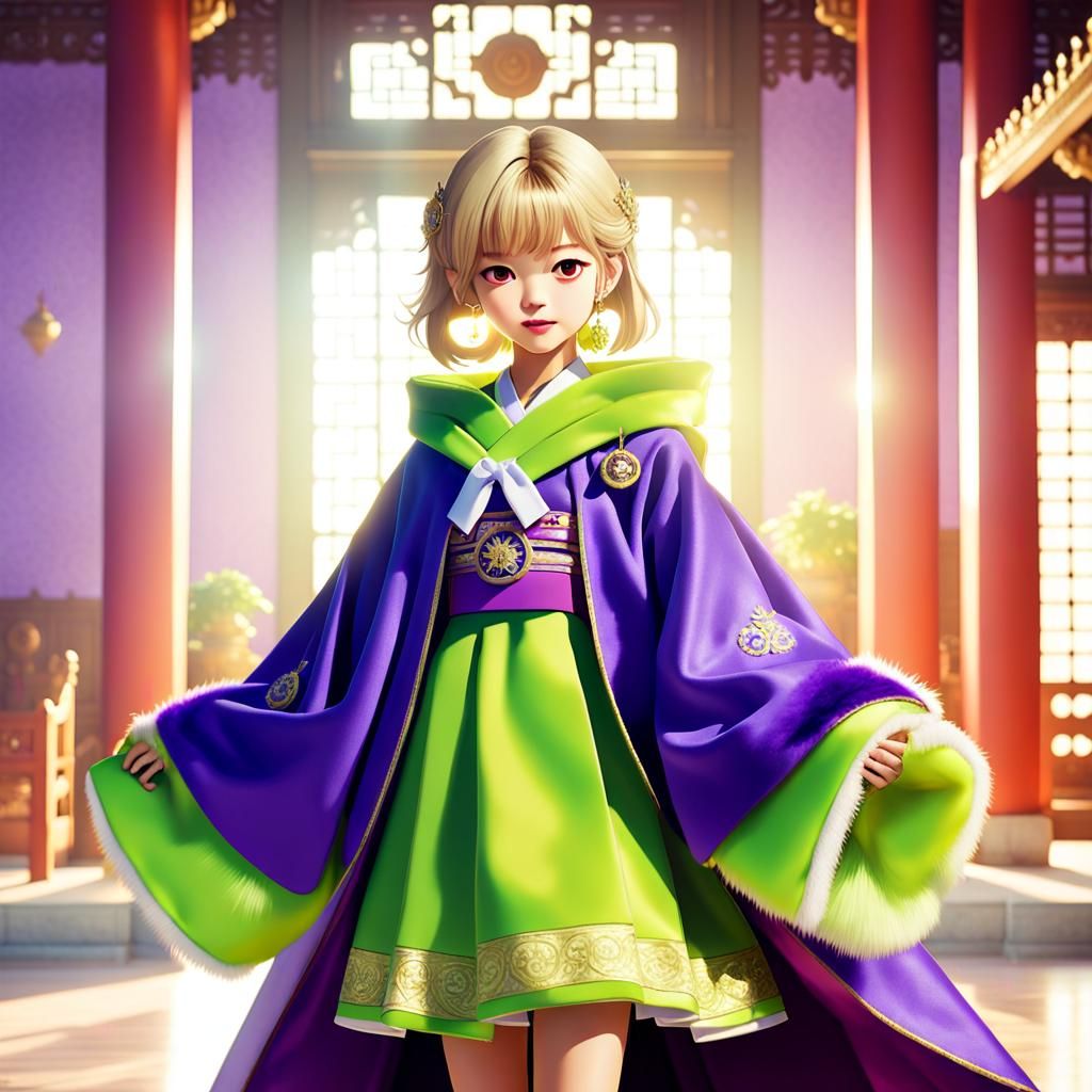 Anime K-Pop Star in Korean Palace, Cel-Shaded Style