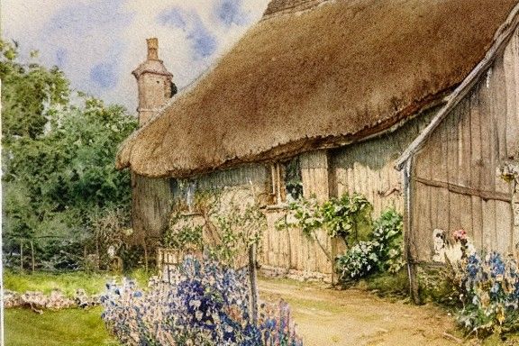 English Countryside Cottage in Watercolor Style