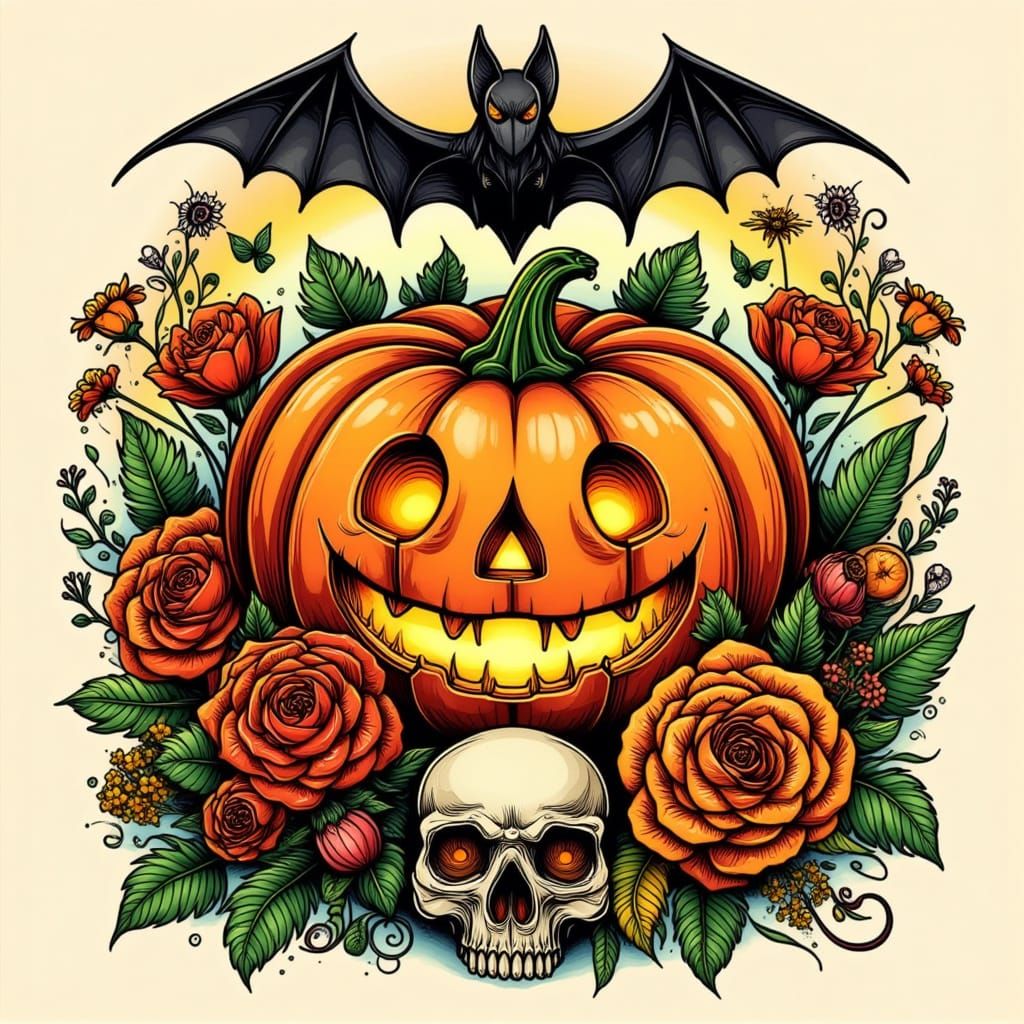 Jack-o'-lantern Tattoo Art with Roses and Skull