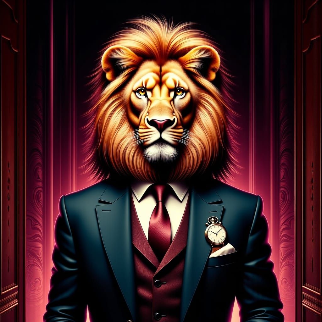 Lion in Suit: A High-Contrast Digital Portrait