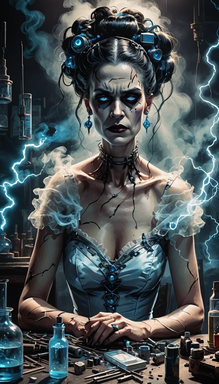 Dark and gloomy room screaming Frankenstein's Bride electrif...