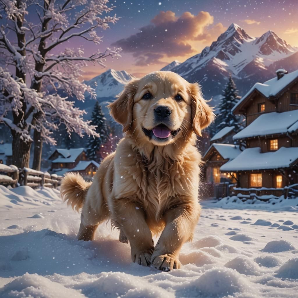 Golden Retriever Puppy Plays in Snowy Village